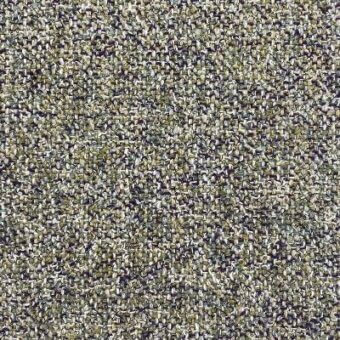 Woven fabric sample in muted olive green, dark gray, beige, and white with a dense, irregular looped texture and embedded fabric designation text.